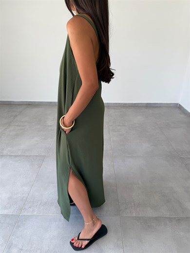 Haki Ayrobin Maxi Boy Tela Askılı Elbise
