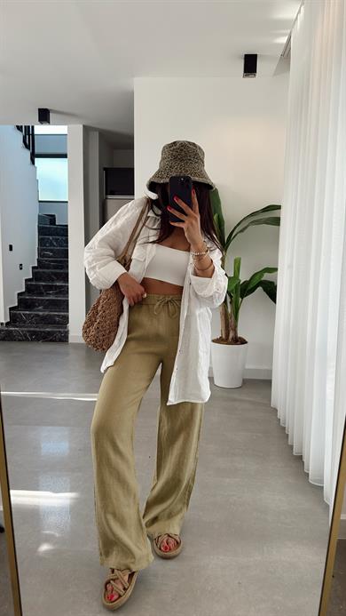 Haki Beli Lastikli Bol Paça Keten Pantolon