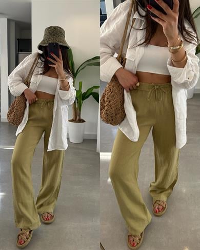 Haki Beli Lastikli Bol Paça Keten Pantolon