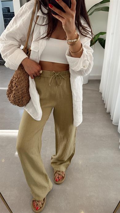 Haki Beli Lastikli Bol Paça Keten Pantolon
