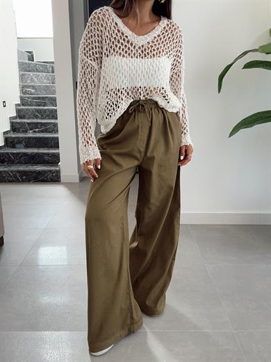 Haki Beli Lastikli Cep Detaylı Pantolon