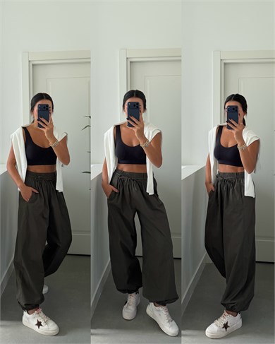 Haki Beli Lastikli İp Detaylı Pantolon