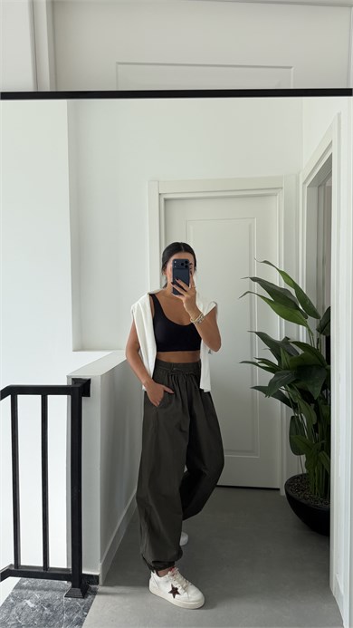 Haki Beli Lastikli İp Detaylı Pantolon