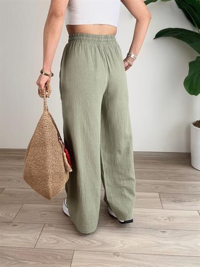 Haki Bol Paça Keten Pantolon