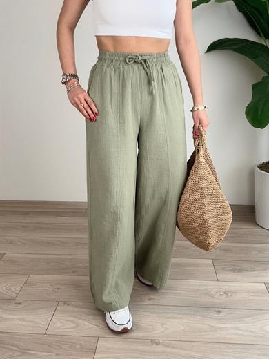 Haki Bol Paça Keten Pantolon