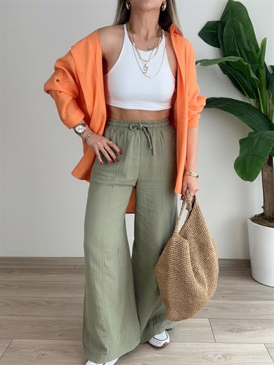 Haki Bol Paça Keten Pantolon