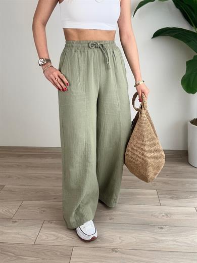 Haki Bol Paça Keten Pantolon
