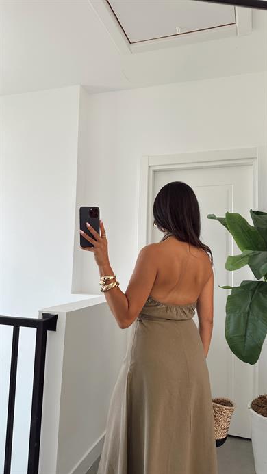 Haki Boyundan Geçmeli Sırt Dekolteli Elbise