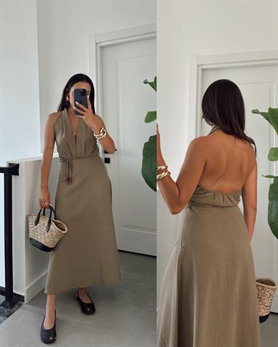 Haki Boyundan Geçmeli Sırt Dekolteli Elbise