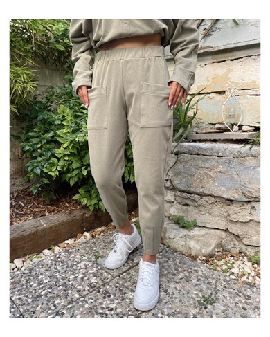 Haki Çift Cep Detaylı Polar Eşofman