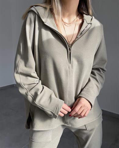 Haki Fermuar Detaylı Polar Sweatshirt