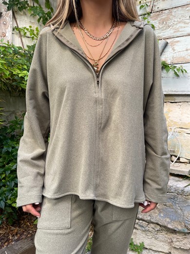 Haki Fermuar Detaylı Polar Sweatshirt