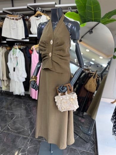 Haki Halter Yaka Taş Detaylı Bluz Etek Takım