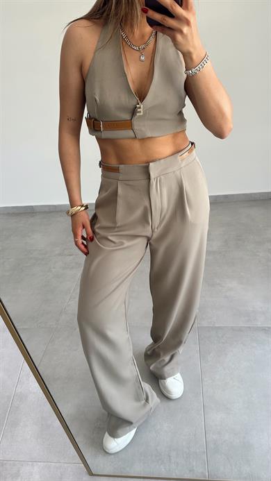 Haki Kontrast Kemer Detaylı Yelek