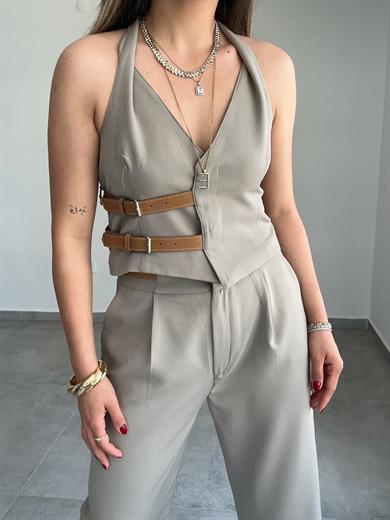 Haki Kontrast Kemer Detaylı Yelek