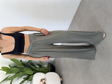 Comfort Haki Kruvaze Bel Detaylı Modal Bol Paça Pantolon