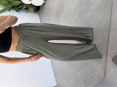 Comfort Haki Kruvaze Bel Detaylı Modal Bol Paça Pantolon