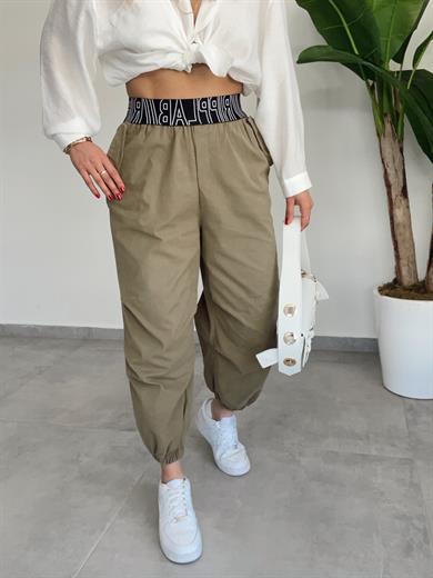 Haki Lastik Kemerli Dizi Pensli Tasarım Jogger Pantolon