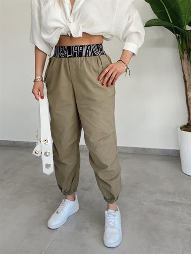 Haki Lastik Kemerli Dizi Pensli Tasarım Jogger Pantolon