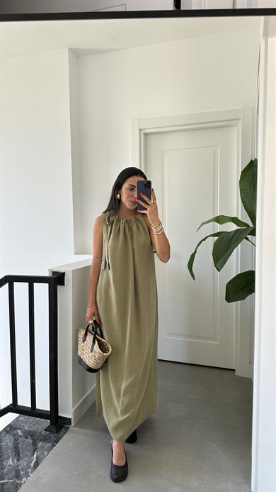 Haki Omuzdan Bağlamalı Elbise