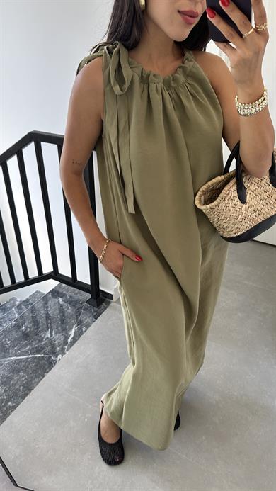 Haki Omuzdan Bağlamalı Elbise