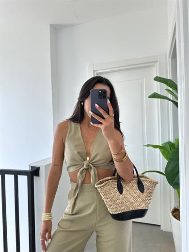 Haki Ön Bağlamalı Crop Takım