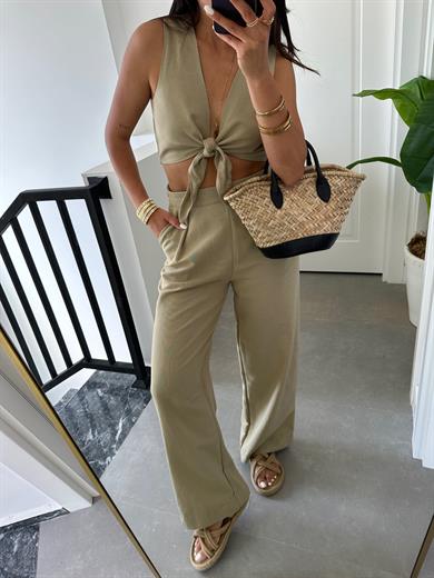 Haki Ön Bağlamalı Crop Takım