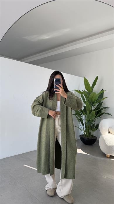 Haki Önü Açık Şal Yaka Hırka
