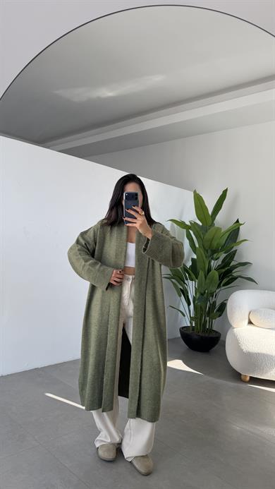 Haki Önü Açık Şal Yaka Hırka