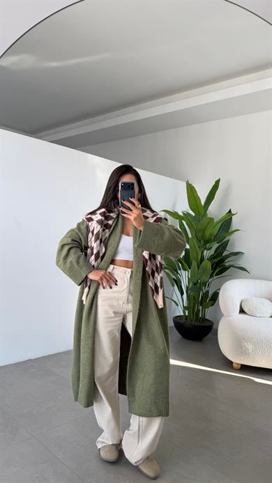 Haki Önü Açık Şal Yaka Hırka