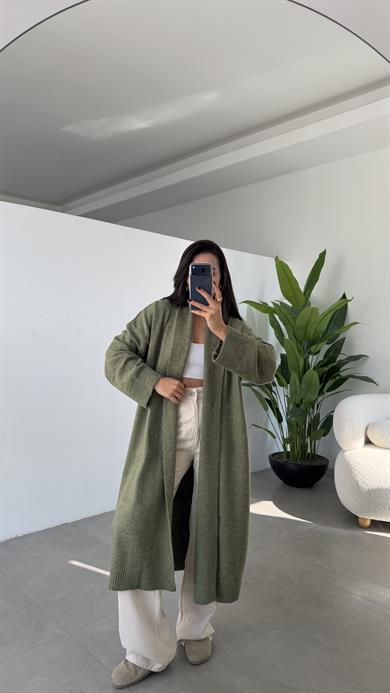 Haki Önü Açık Şal Yaka Hırka