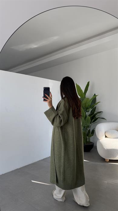 Haki Önü Açık Şal Yaka Hırka