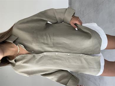 Haki Oversize Keten Gömlek