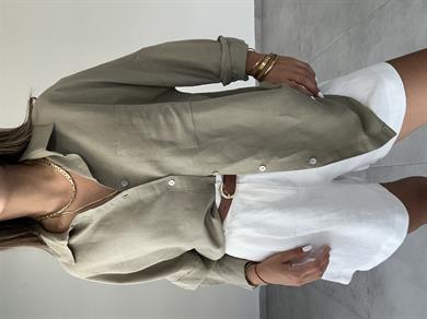 Haki Oversize Keten Gömlek