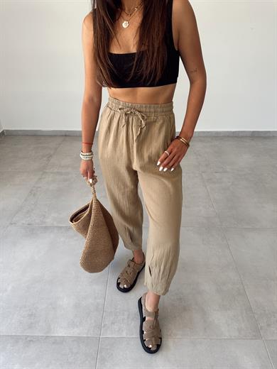 Haki Paça Pilili Keten Pantolon