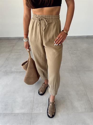 Haki Paça Pilili Keten Pantolon