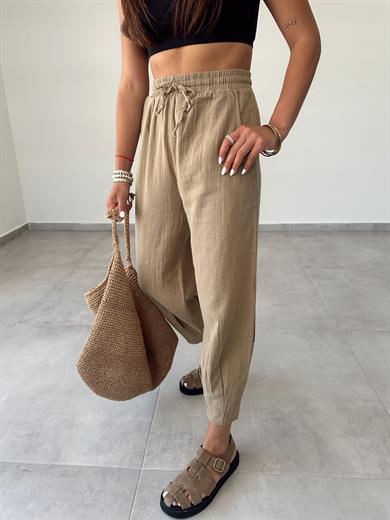 Haki Paça Pilili Keten Pantolon