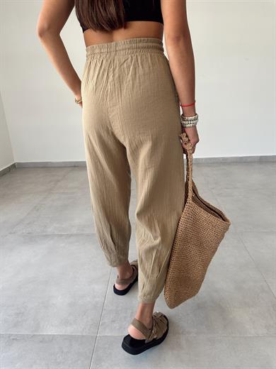 Haki Paça Pilili Keten Pantolon