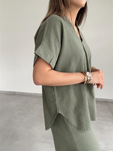 Haki Pamuk Keten Hakim Yaka Bluz