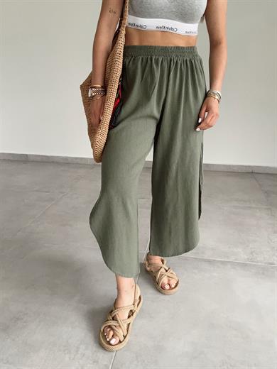 Haki Pamuk Keten Mendil Paça Pantolon