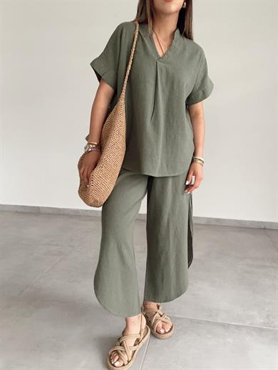 Haki Pamuk Keten Mendil Paça Pantolon