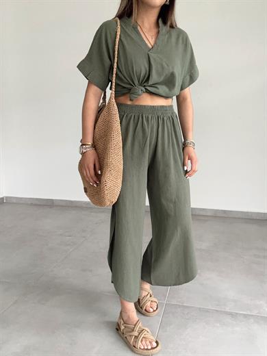 Haki Pamuk Keten Mendil Paça Pantolon