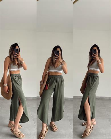 Haki Pamuk Keten Mendil Paça Pantolon