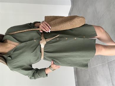 Haki Pamuk Keten Yakalı Gömlek Elbise