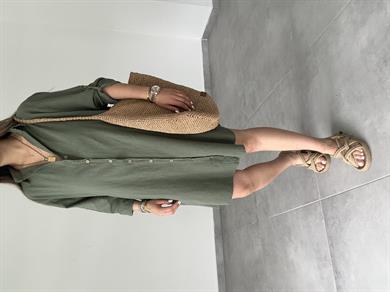 Haki Pamuk Keten Yakalı Gömlek Elbise