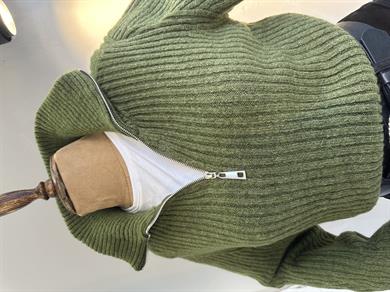 Haki Polo Yaka Fermuarlı Triko Kazak