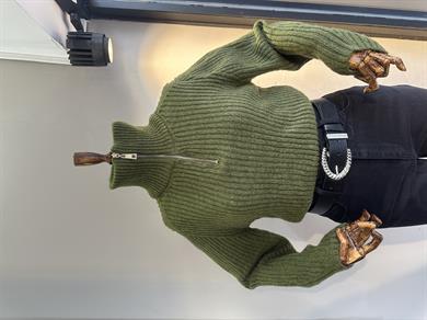 Haki Polo Yaka Fermuarlı Triko Kazak