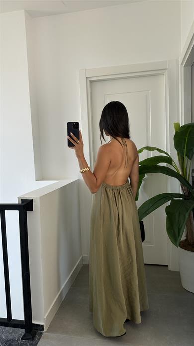 Haki Sırt Dekolteli Askılı Elbise