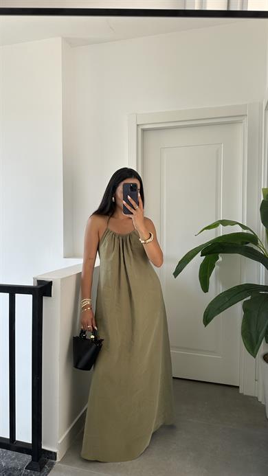 Haki Sırt Dekolteli Askılı Elbise