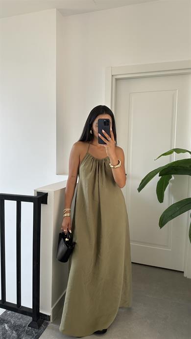 Haki Sırt Dekolteli Askılı Elbise